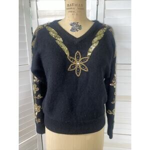 Vintage 80s 90s Worthington Women’s Black Sequin Beaded Silk Blend Sweater Small